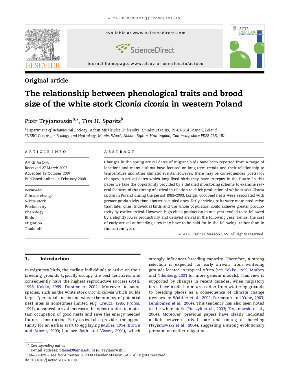 The relationship between phenological traits and brood size of the white stork Ciconia ciconia in western Poland