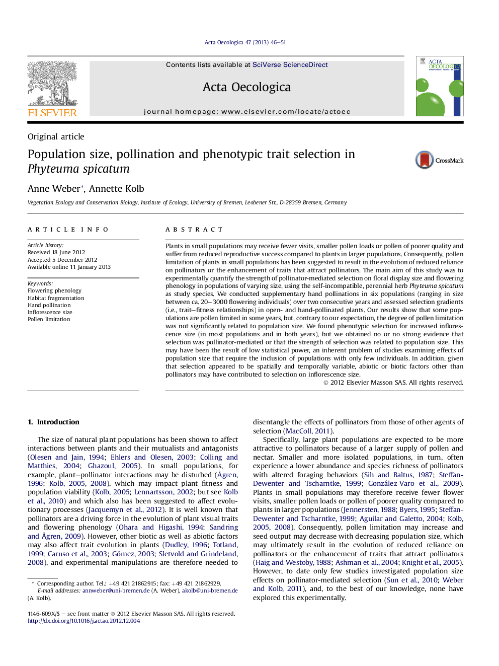 Population size, pollination and phenotypic trait selection in Phyteuma spicatum