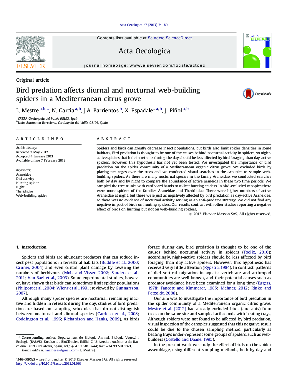 Bird predation affects diurnal and nocturnal web-building spiders in a Mediterranean citrus grove