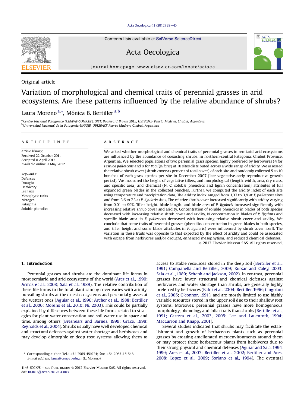 Variation of morphological and chemical traits of perennial grasses in arid ecosystems. Are these patterns influenced by the relative abundance of shrubs?