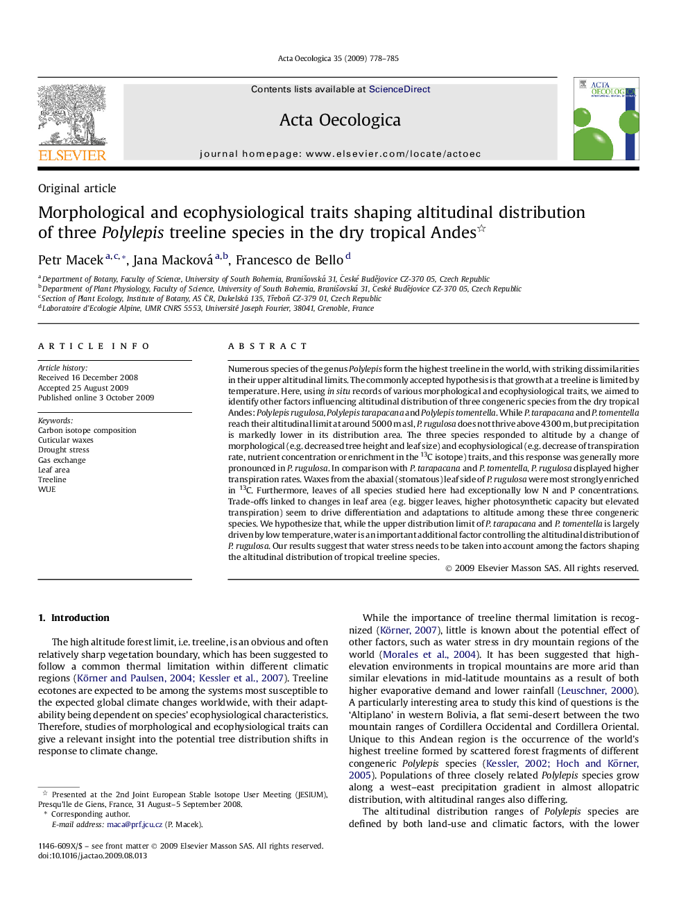 Morphological and ecophysiological traits shaping altitudinal distribution of three Polylepis treeline species in the dry tropical Andes