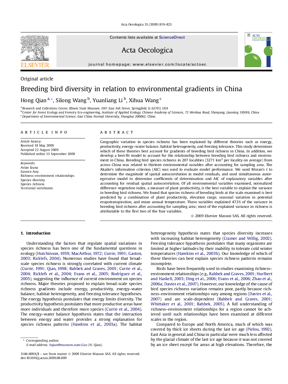 Breeding bird diversity in relation to environmental gradients in China