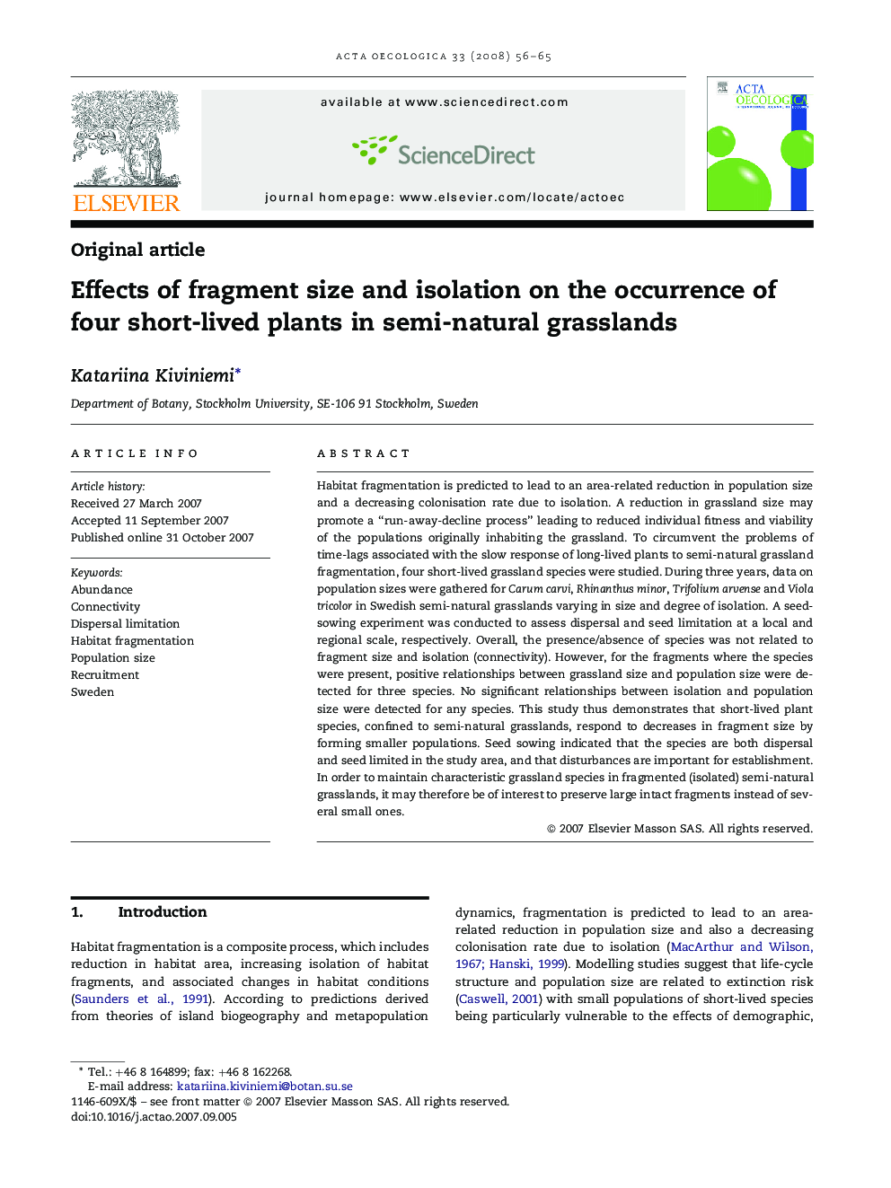 Effects of fragment size and isolation on the occurrence of four short-lived plants in semi-natural grasslands