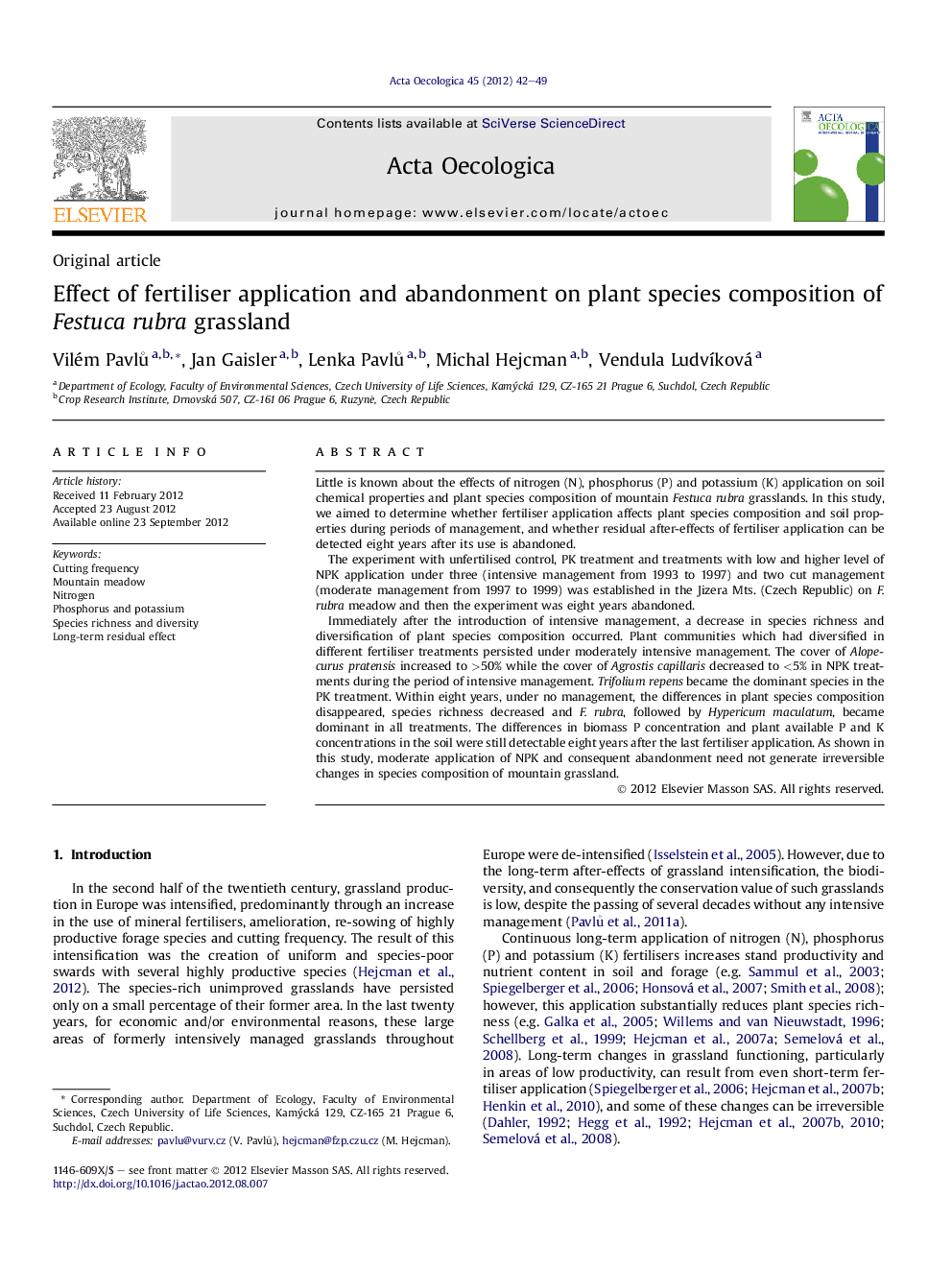 Effect of fertiliser application and abandonment on plant species composition of Festuca rubra grassland