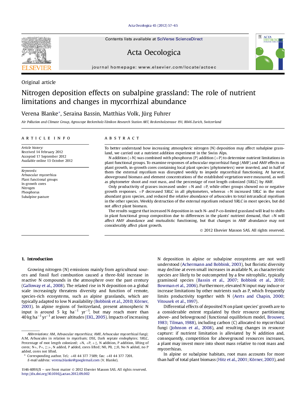 Nitrogen deposition effects on subalpine grassland: The role of nutrient limitations and changes in mycorrhizal abundance