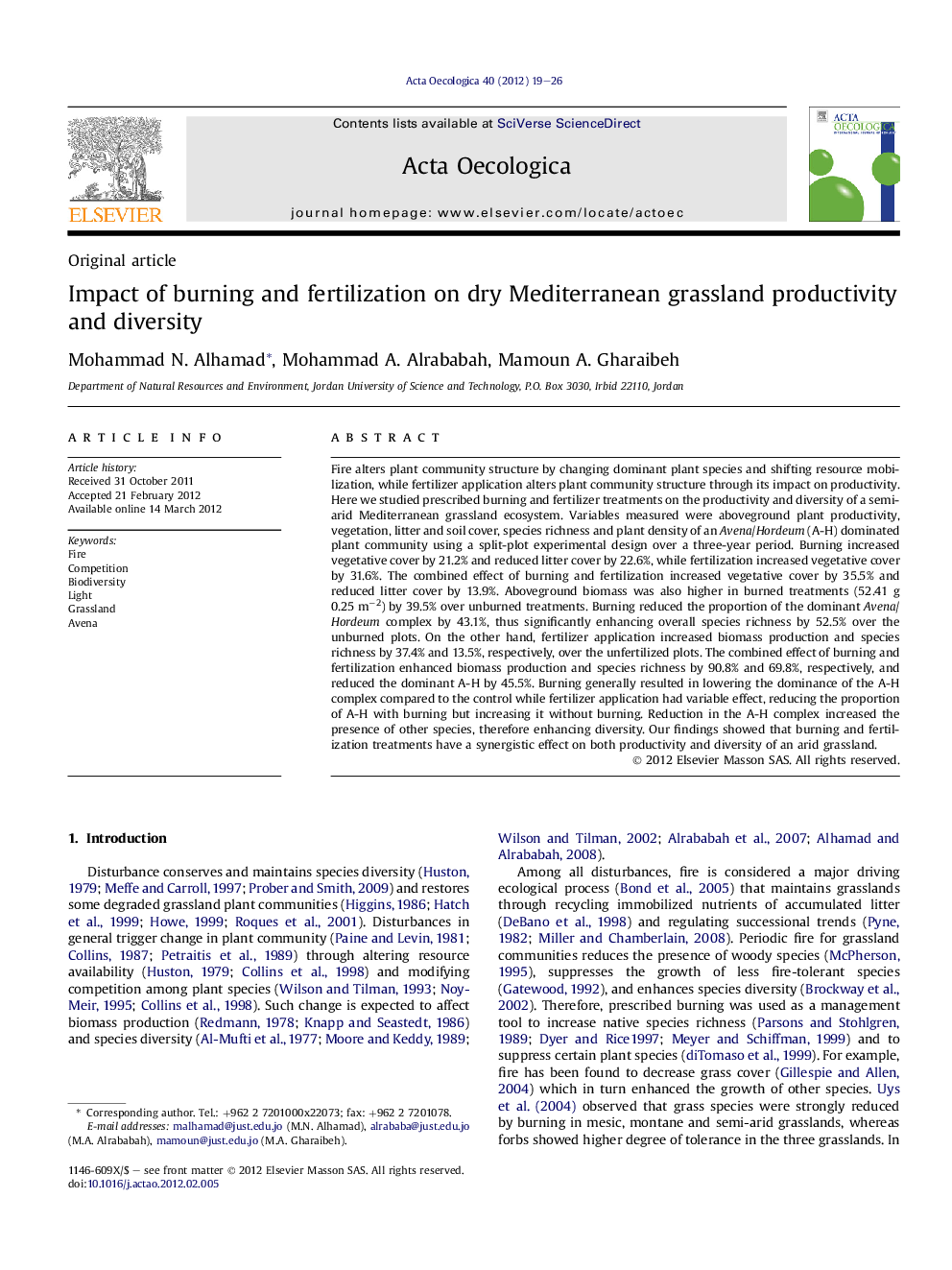 Impact of burning and fertilization on dry Mediterranean grassland productivity and diversity