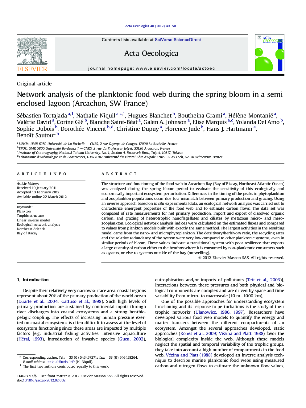 Network analysis of the planktonic food web during the spring bloom in a semi enclosed lagoon (Arcachon, SW France)