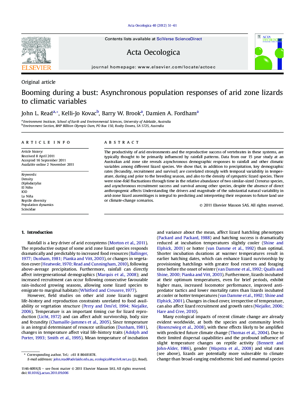 Booming during a bust: Asynchronous population responses of arid zone lizards to climatic variables