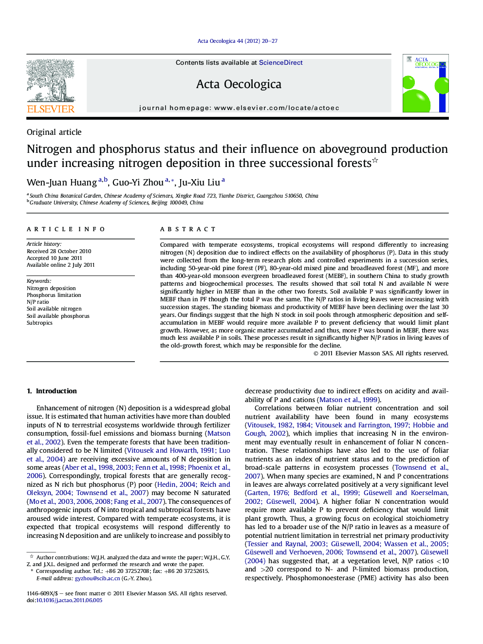 Nitrogen and phosphorus status and their influence on aboveground production under increasing nitrogen deposition in three successional forests 