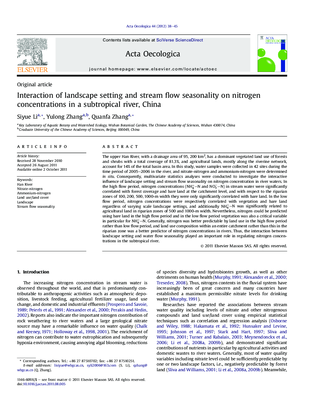 Interaction of landscape setting and stream flow seasonality on nitrogen concentrations in a subtropical river, China