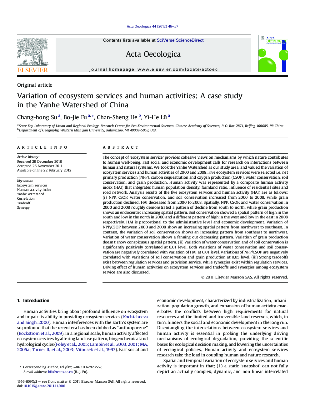 Variation of ecosystem services and human activities: A case study in the Yanhe Watershed of China