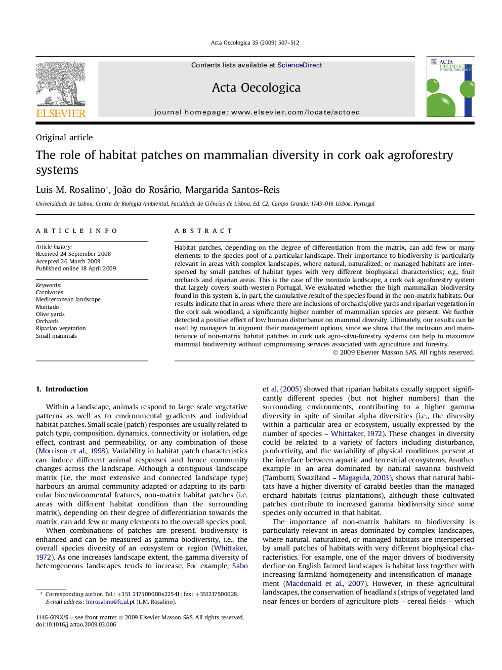 The role of habitat patches on mammalian diversity in cork oak agroforestry systems