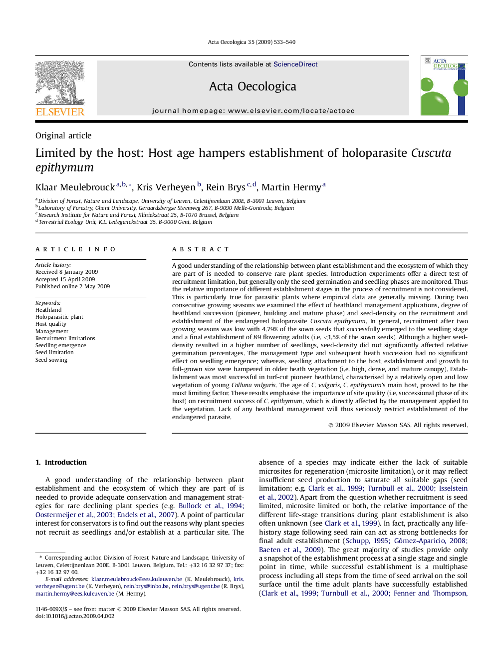 Limited by the host: Host age hampers establishment of holoparasite Cuscuta epithymum