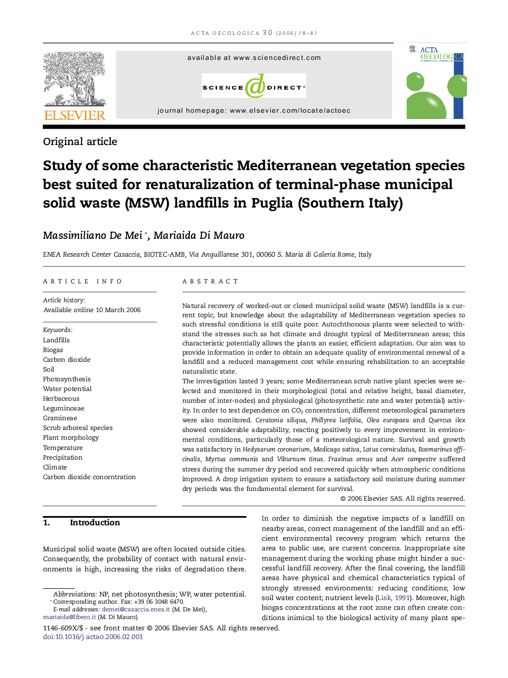 Study of some characteristic Mediterranean vegetation species best suited for renaturalization of terminal-phase municipal solid waste (MSW) landfills in Puglia (Southern Italy)