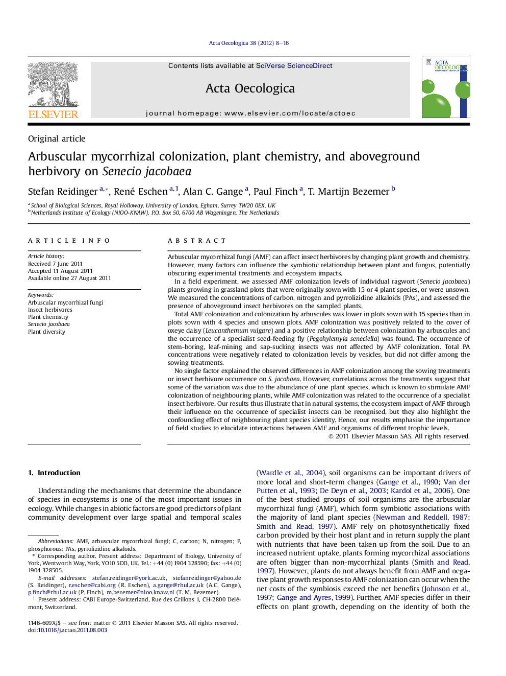 Arbuscular mycorrhizal colonization, plant chemistry, and aboveground herbivory on Senecio jacobaea