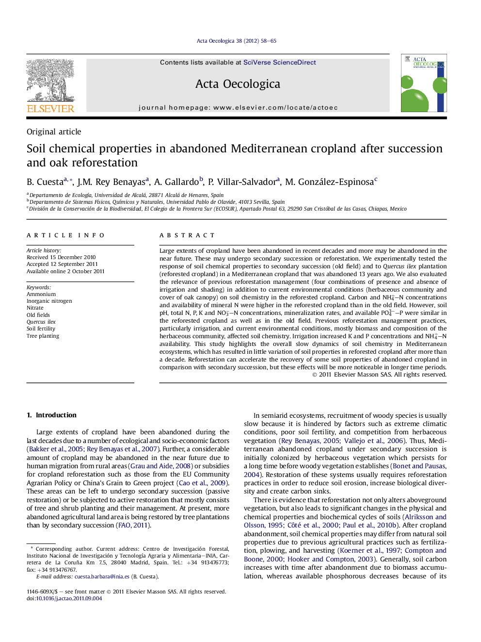 Soil chemical properties in abandoned Mediterranean cropland after succession and oak reforestation