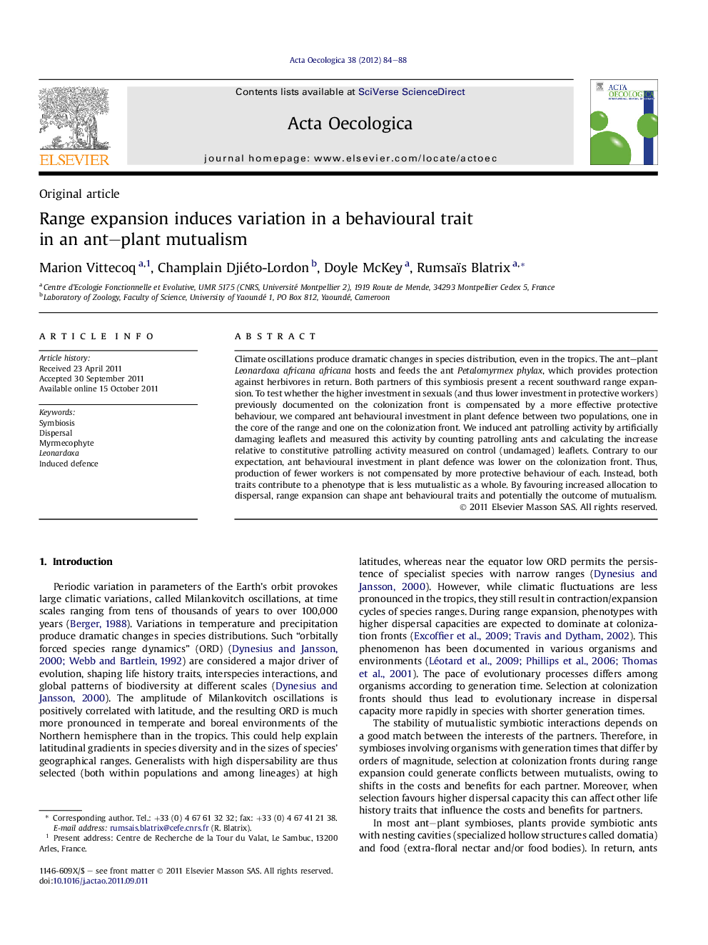 Range expansion induces variation in a behavioural trait in an ant-plant mutualism