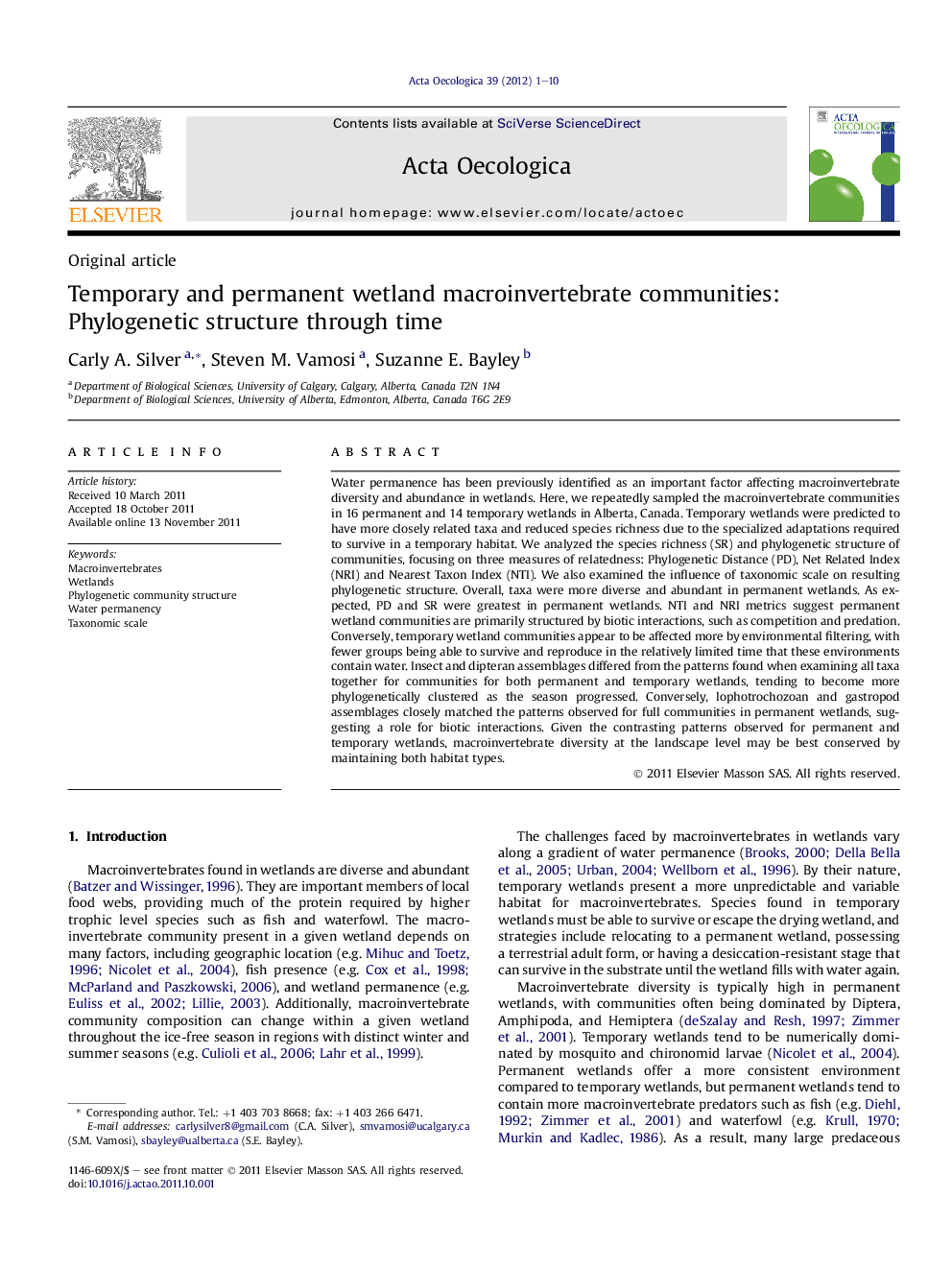 Temporary and permanent wetland macroinvertebrate communities: Phylogenetic structure through time