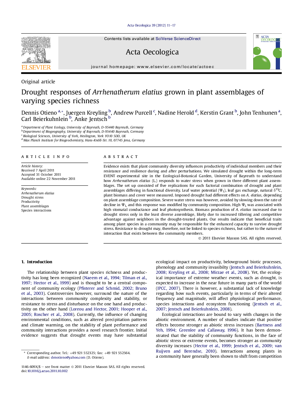 Drought responses of Arrhenatherum elatius grown in plant assemblages of varying species richness