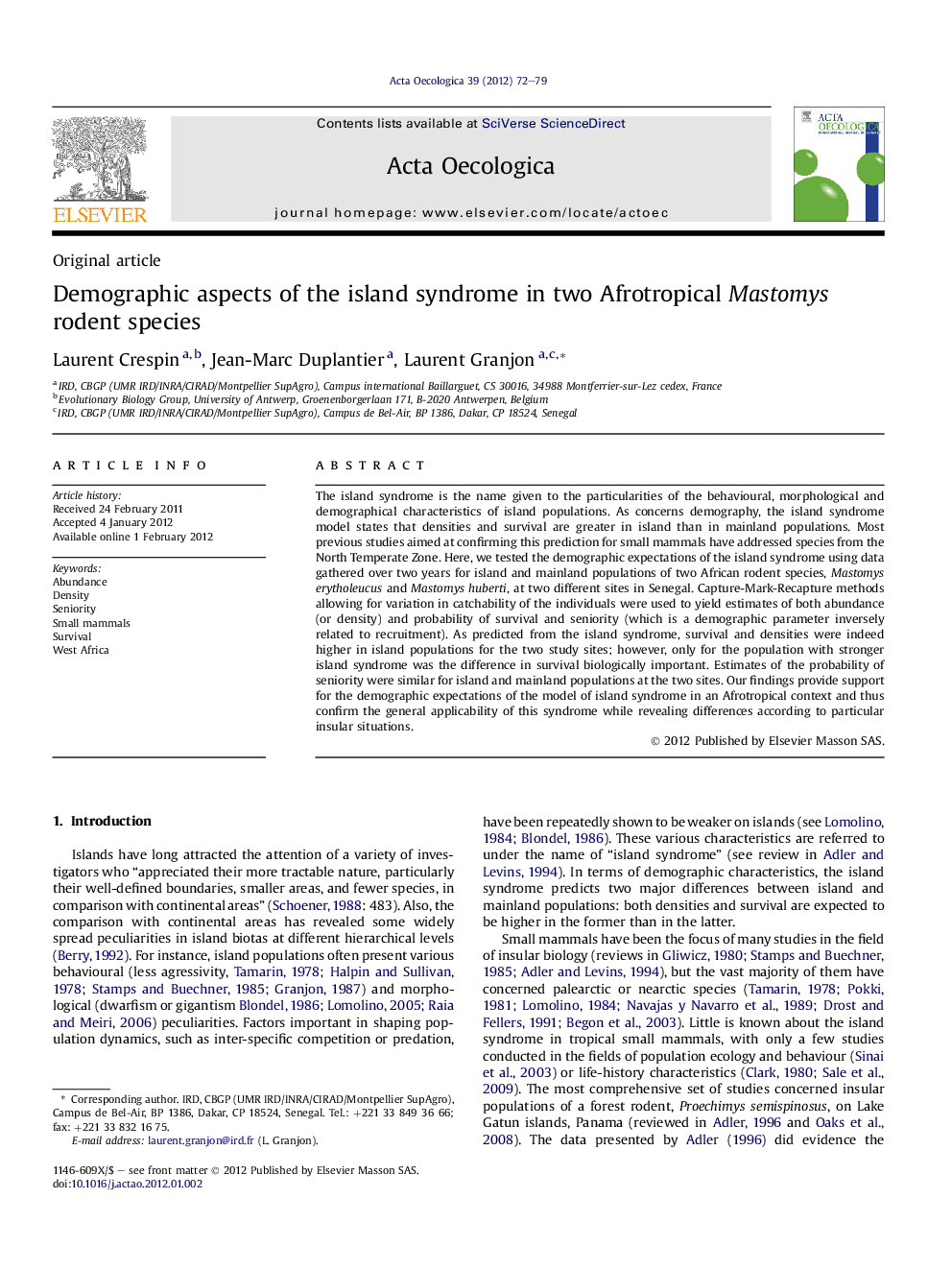 Demographic aspects of the island syndrome in two Afrotropical Mastomys rodent species