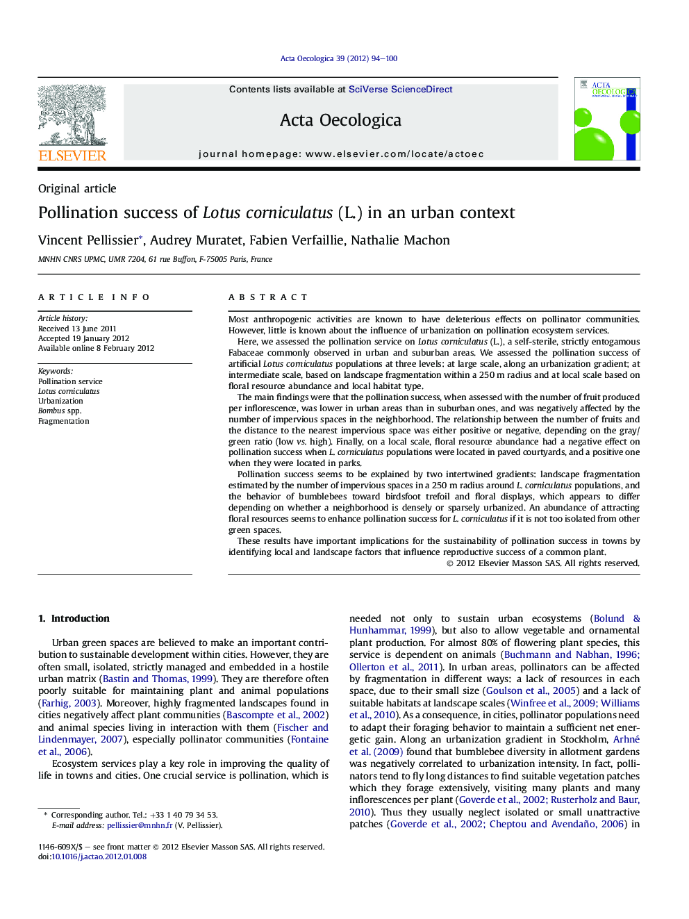 Pollination success of Lotus corniculatus (L.) in an urban context