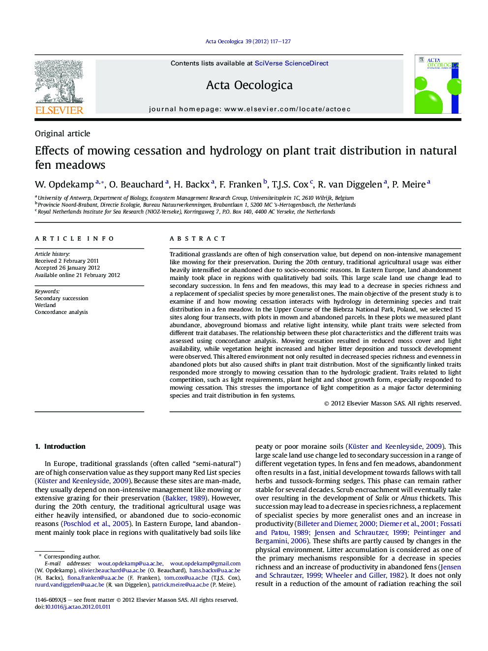 Effects of mowing cessation and hydrology on plant trait distribution in natural fen meadows