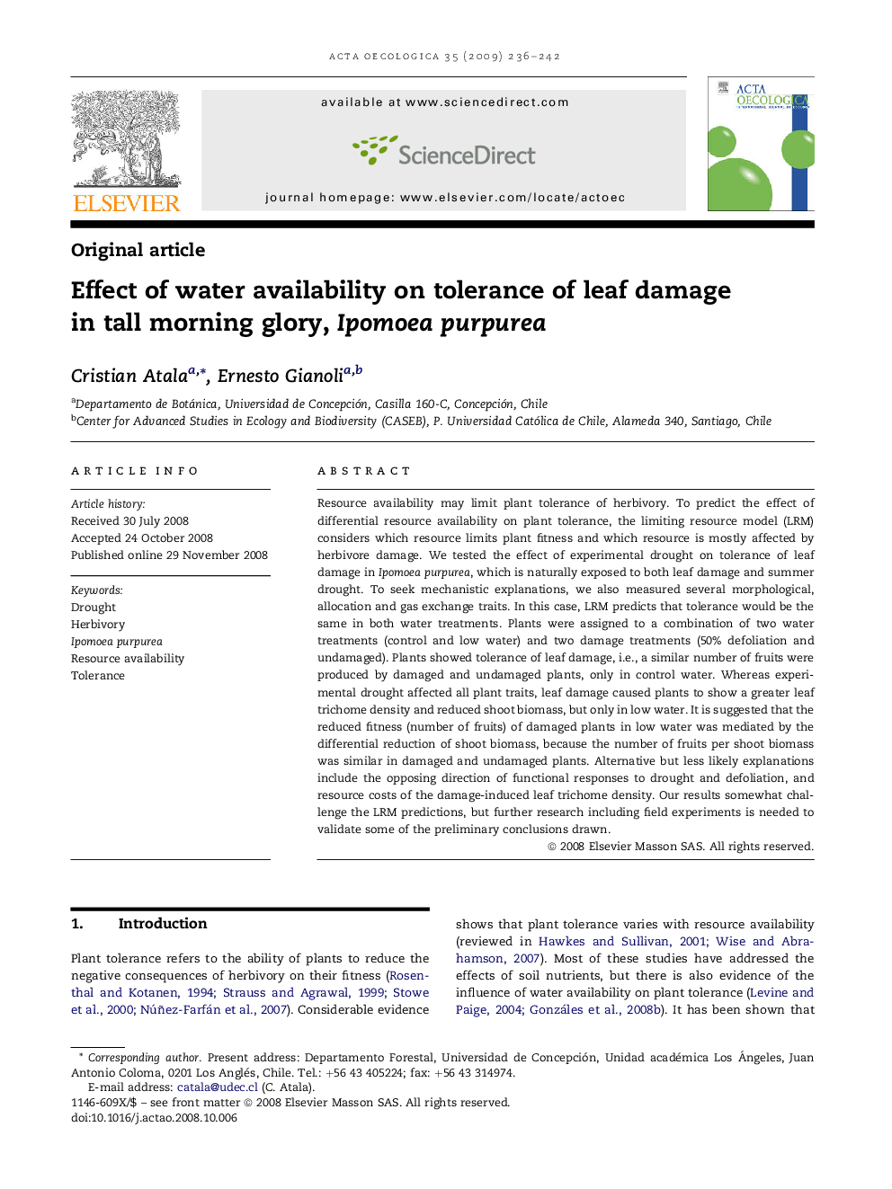 Effect of water availability on tolerance of leaf damage in tall morning glory, Ipomoea purpurea