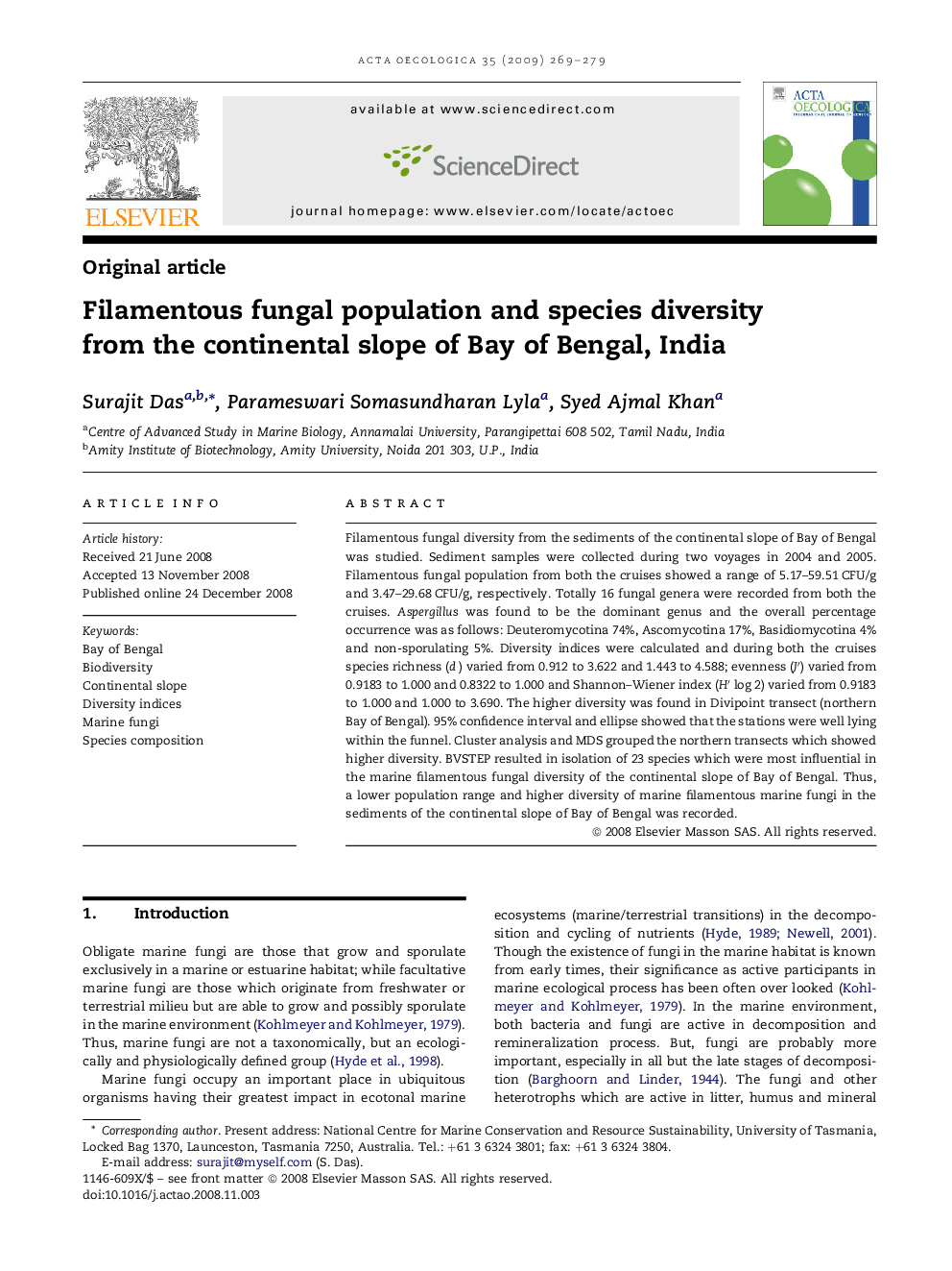 Filamentous fungal population and species diversity from the continental slope of Bay of Bengal, India