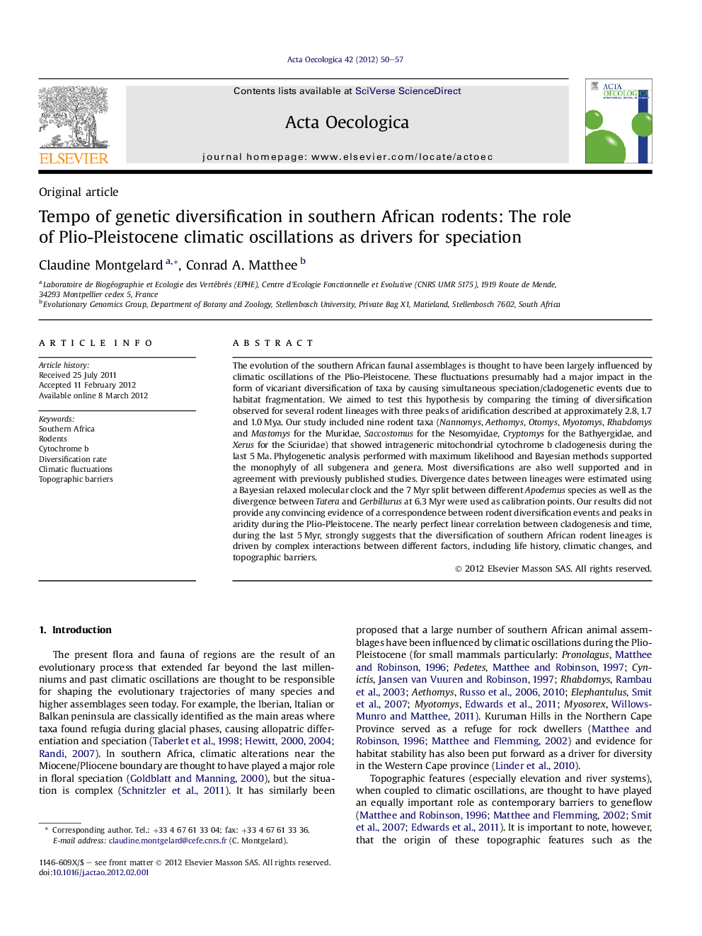 Tempo of genetic diversification in southern African rodents: The role of Plio-Pleistocene climatic oscillations as drivers for speciation