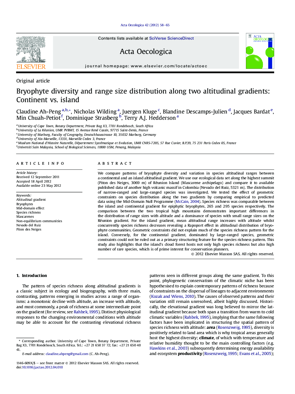 Bryophyte diversity and range size distribution along two altitudinal gradients: Continent vs. island