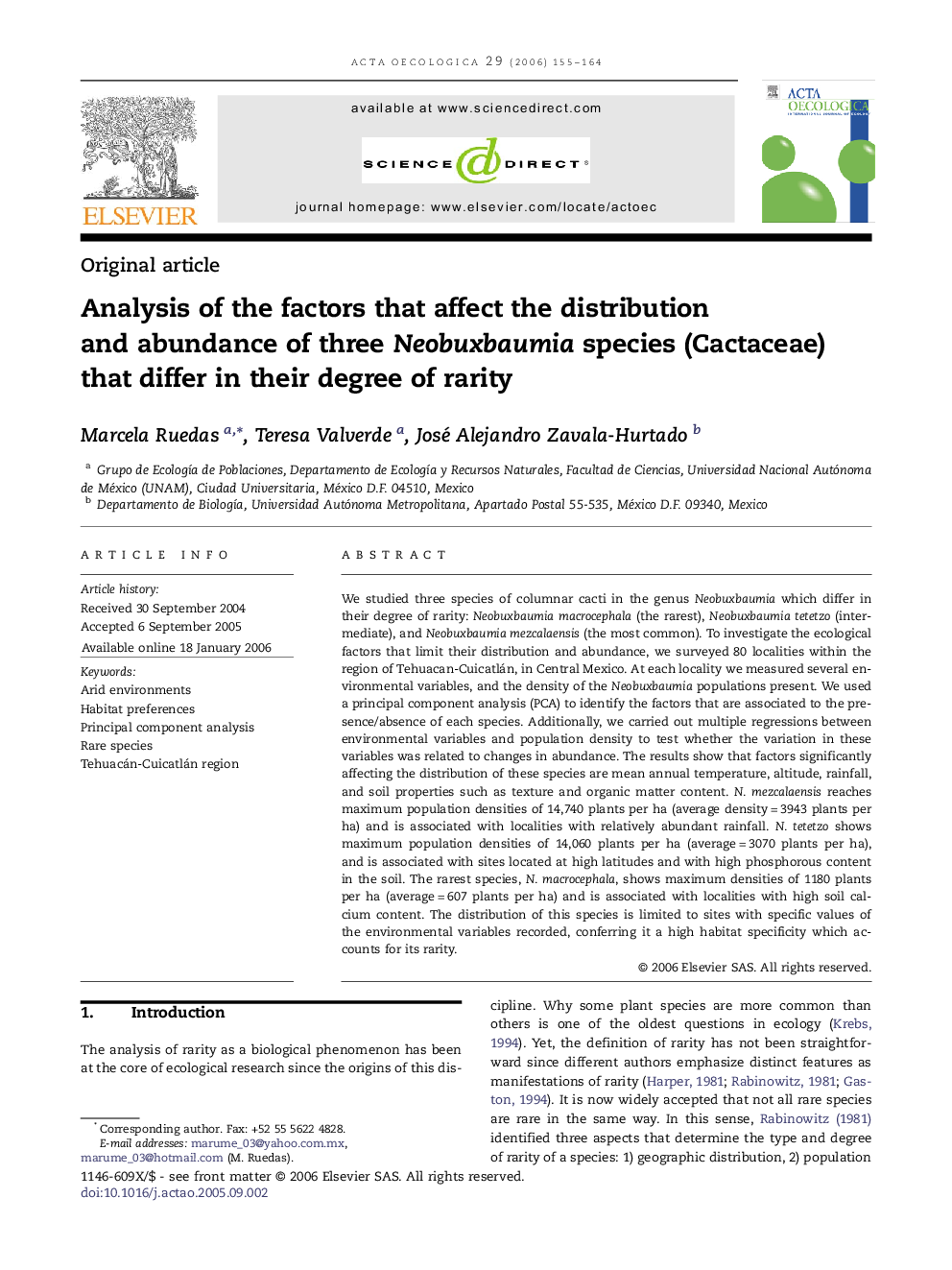 Analysis of the factors that affect the distribution and abundance of three Neobuxbaumia species (Cactaceae) that differ in their degree of rarity