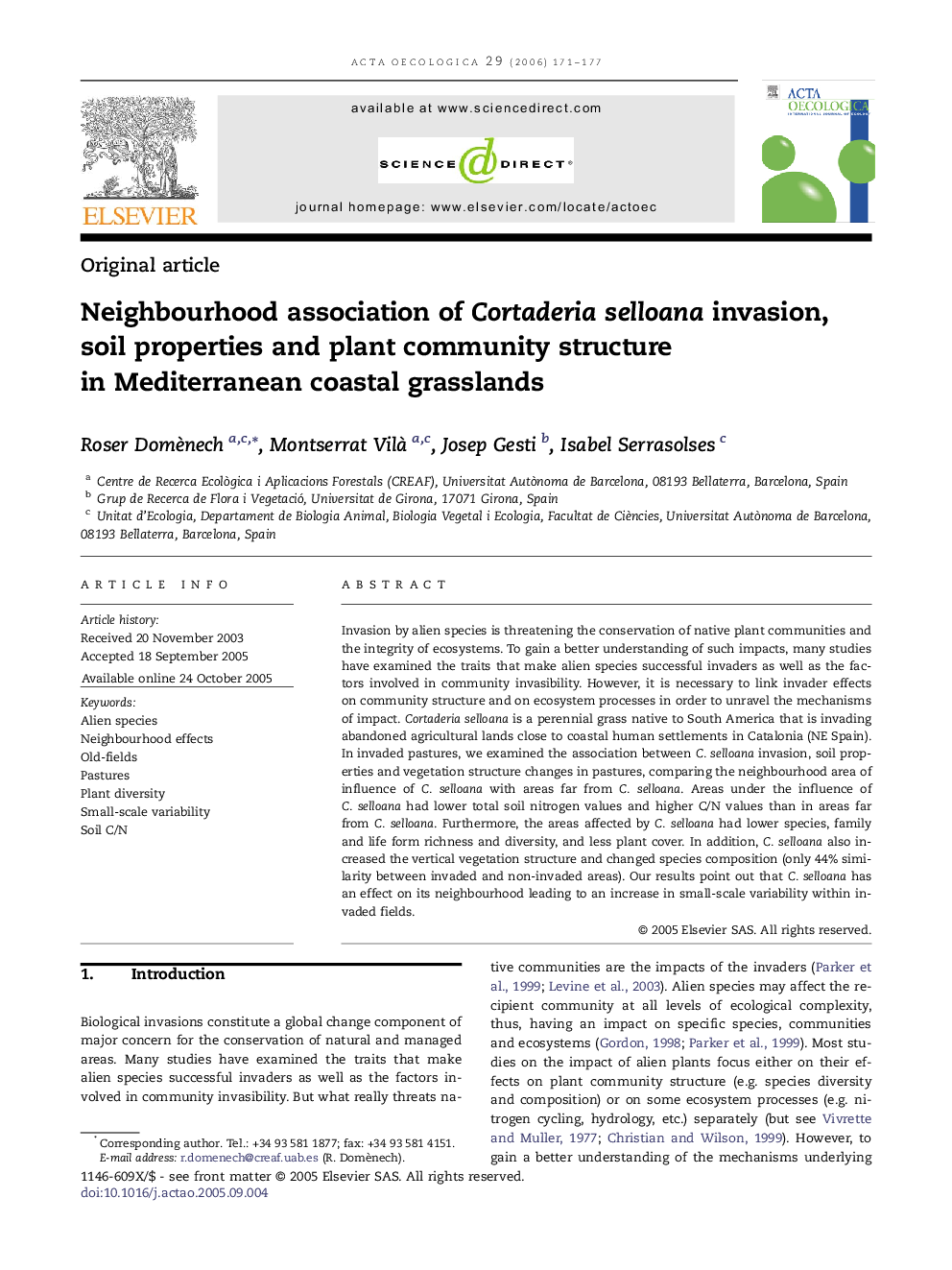 Neighbourhood association of Cortaderia selloana invasion, soil properties and plant community structure in Mediterranean coastal grasslands