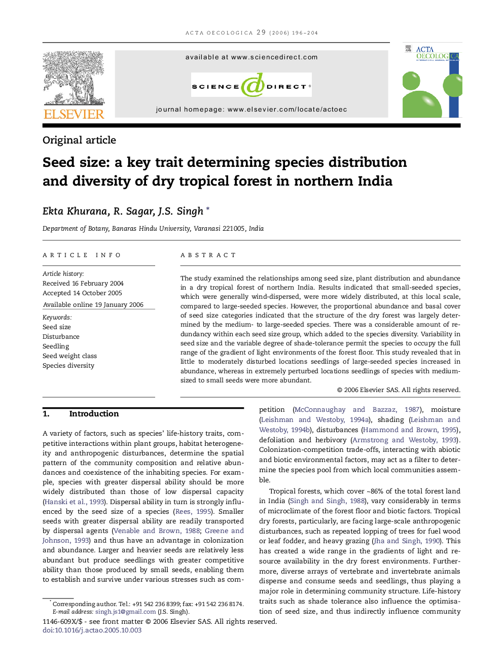 Seed size: aÂ key trait determining species distribution andÂ diversity ofÂ dry tropical forest inÂ northern India