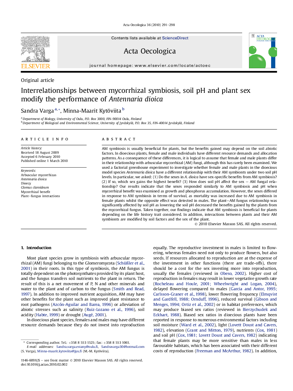 Interrelationships between mycorrhizal symbiosis, soil pH and plant sex modify the performance of Antennaria dioica