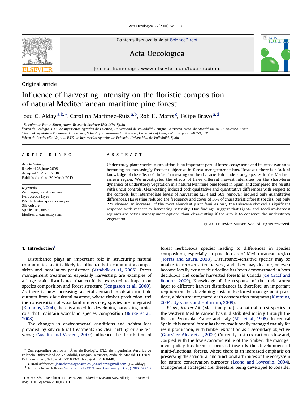 Influence of harvesting intensity on the floristic composition of natural Mediterranean maritime pine forest