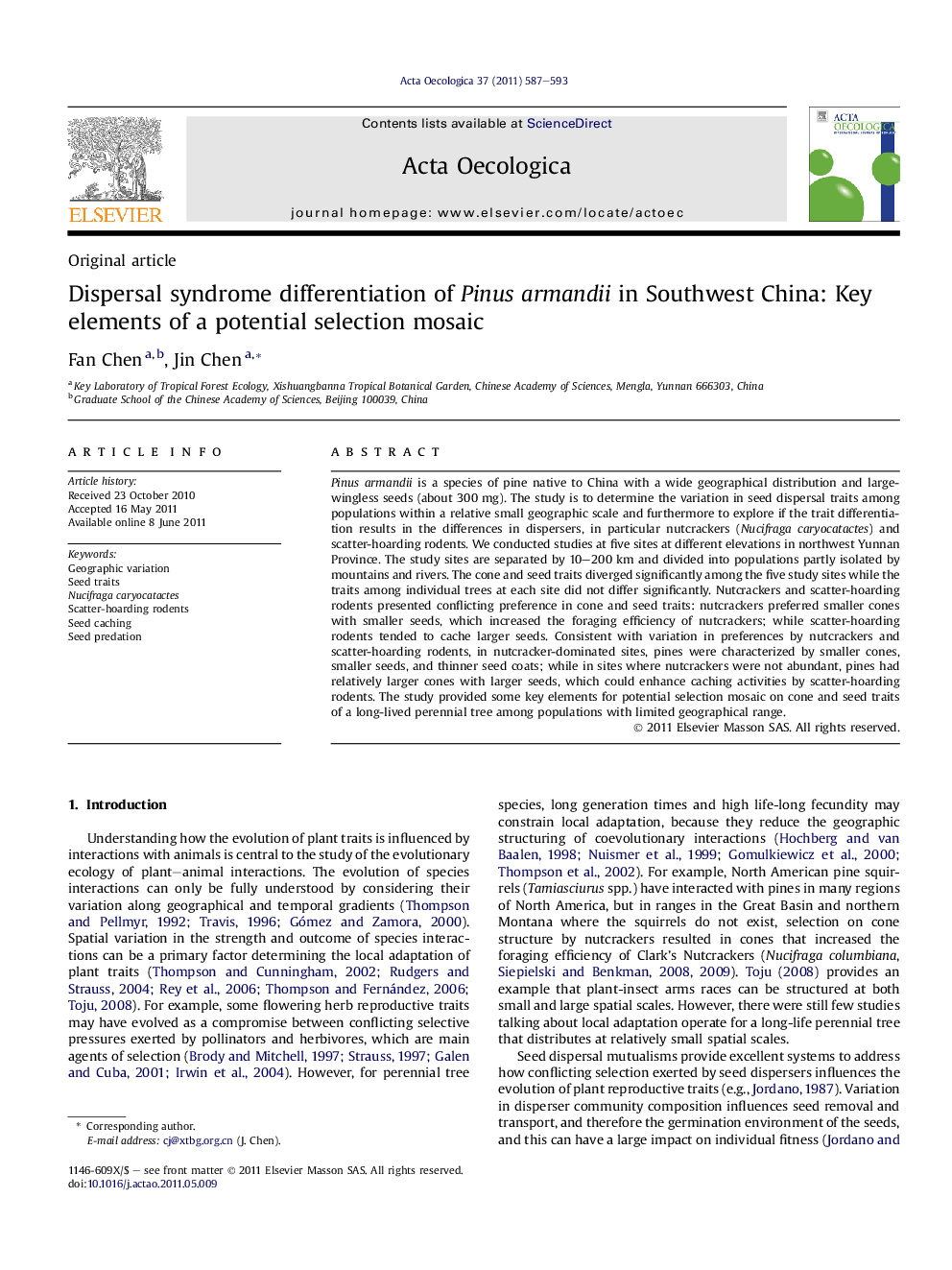 Dispersal syndrome differentiation of Pinus armandii in Southwest China: Key elements of a potential selection mosaic