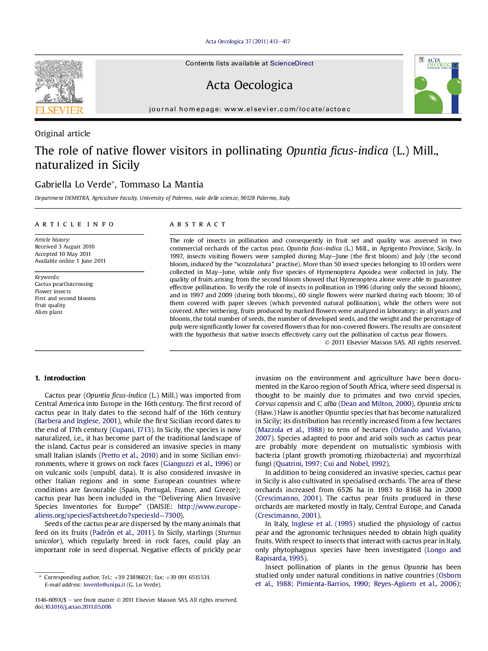 The role of native flower visitors in pollinating Opuntia ficus-indica (L.) Mill., naturalized in Sicily