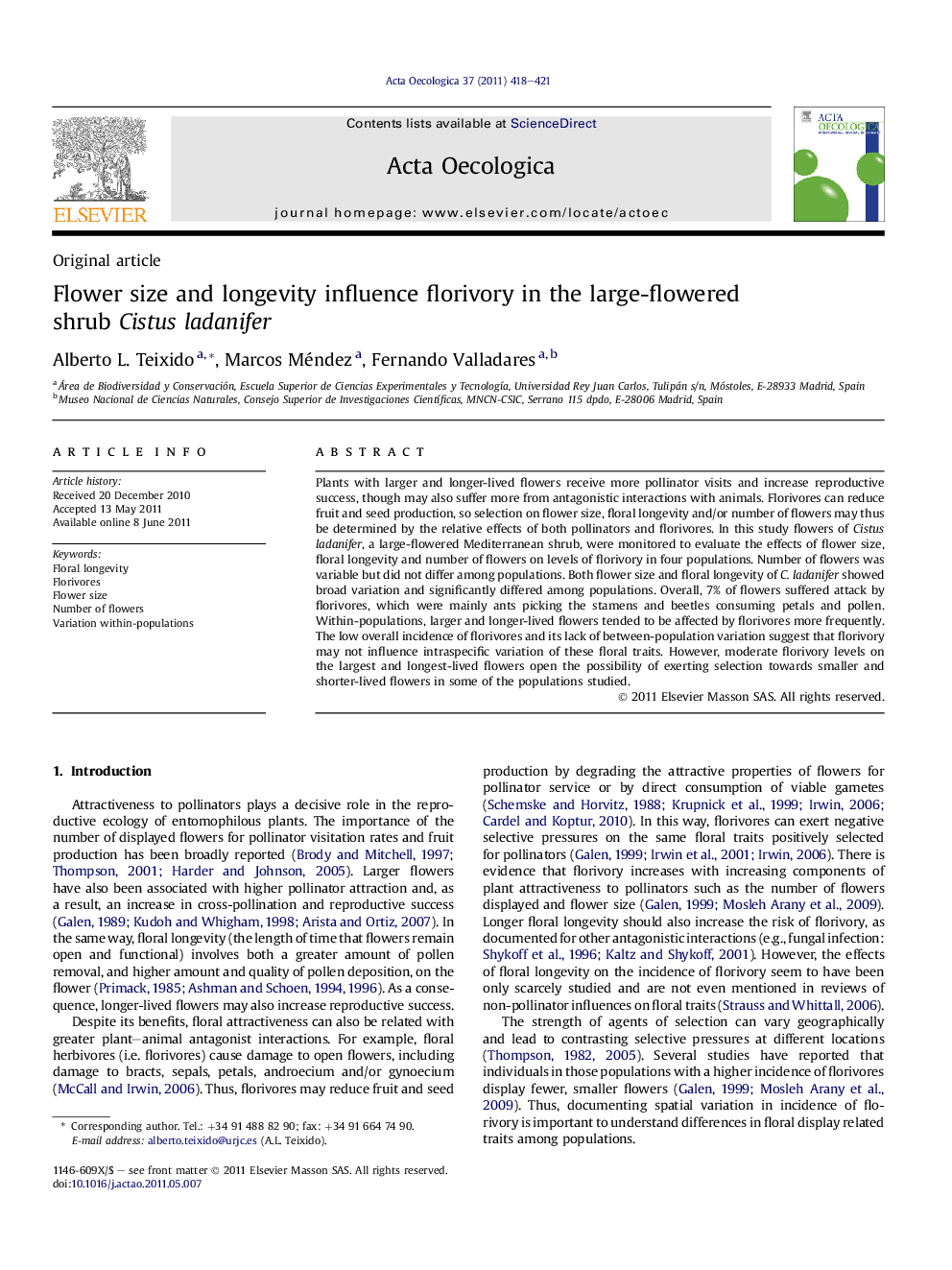 Flower size and longevity influence florivory in the large-flowered shrub Cistus ladanifer