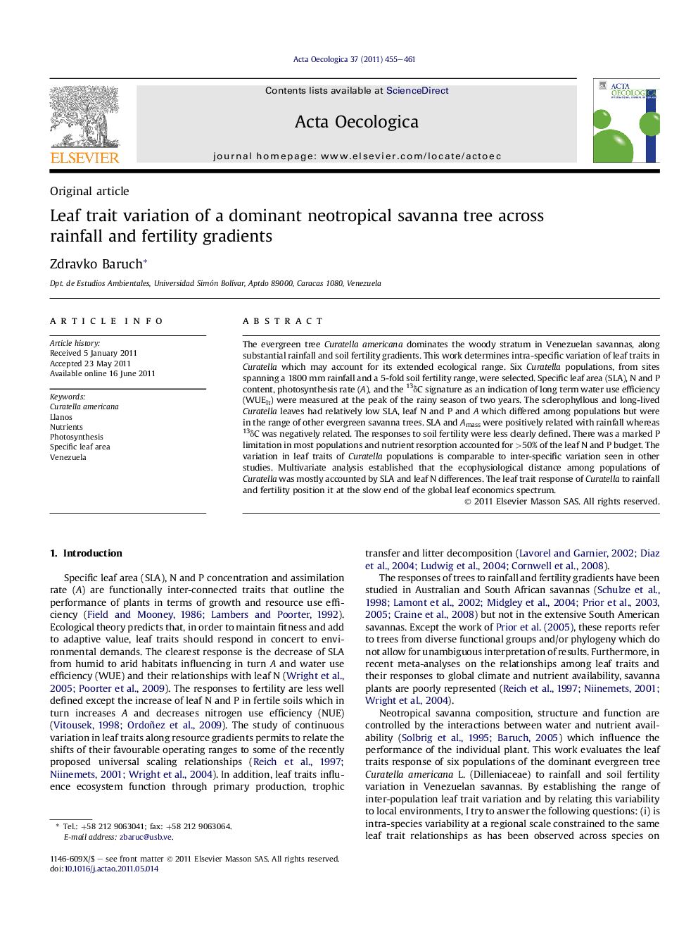 Leaf trait variation of a dominant neotropical savanna tree across rainfall and fertility gradients