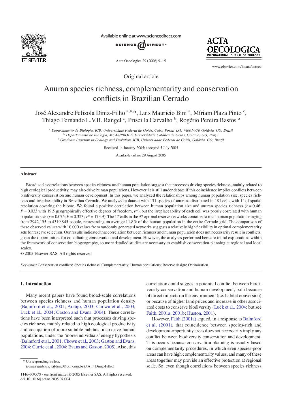 Anuran species richness, complementarity and conservation conflicts in Brazilian Cerrado