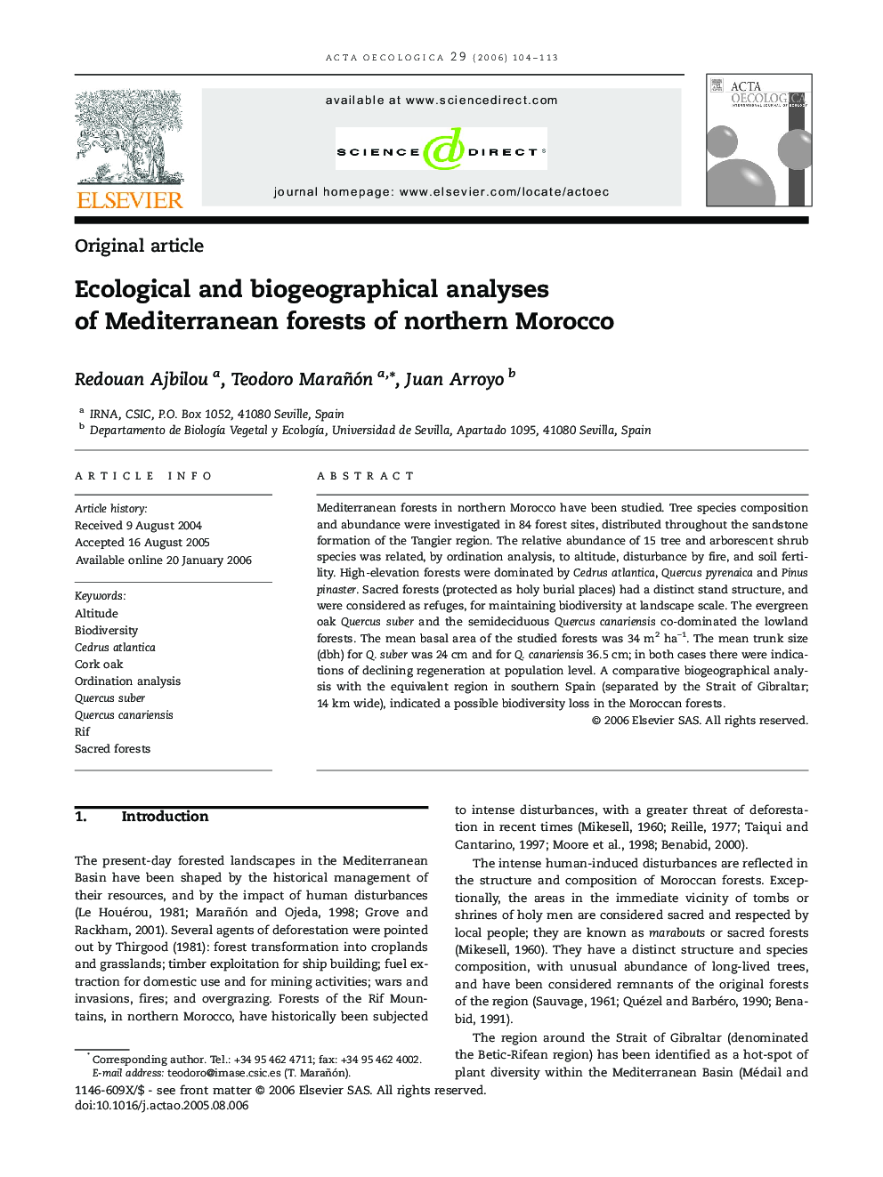 Ecological and biogeographical analyses of Mediterranean forests of northern Morocco