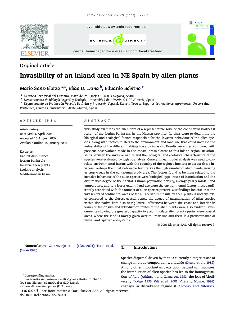 Invasibility of an inland area in NE Spain by alien plants
