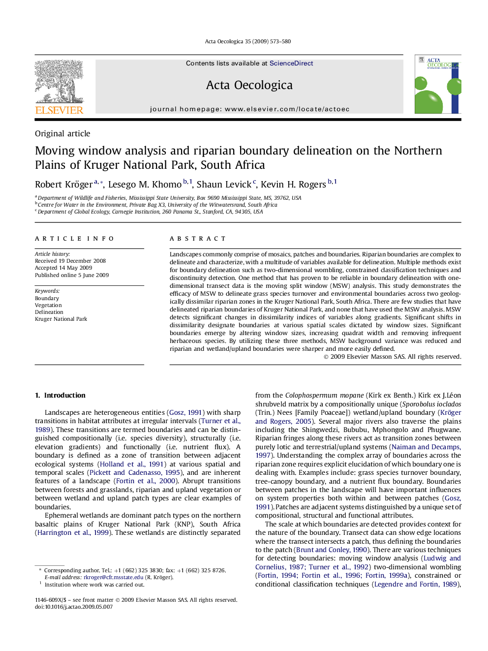 Moving window analysis and riparian boundary delineation on the Northern Plains of Kruger National Park, South Africa