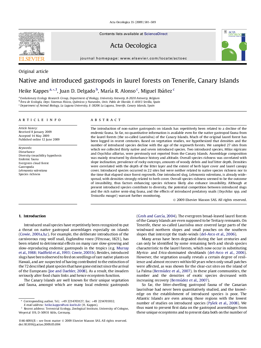 Native and introduced gastropods in laurel forests on Tenerife, Canary Islands