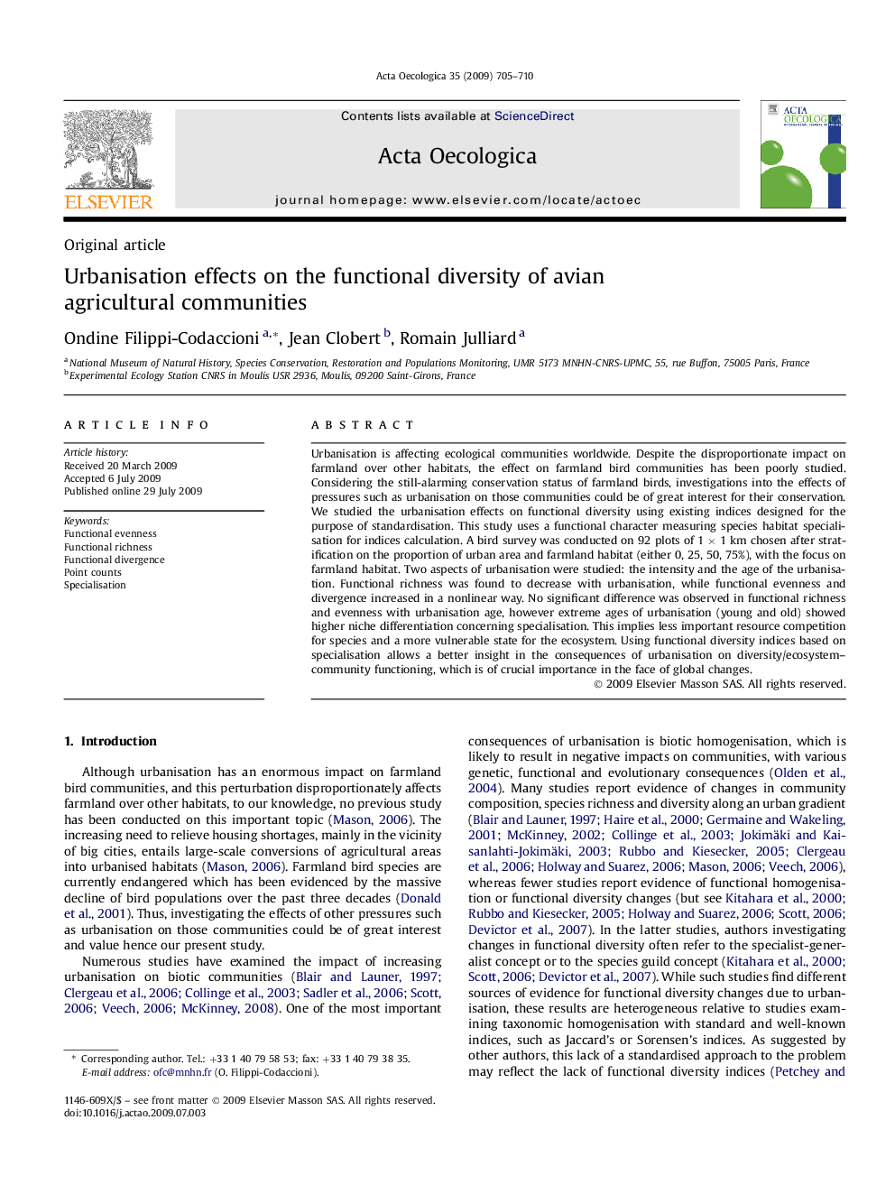 Urbanisation effects on the functional diversity of avian agricultural communities