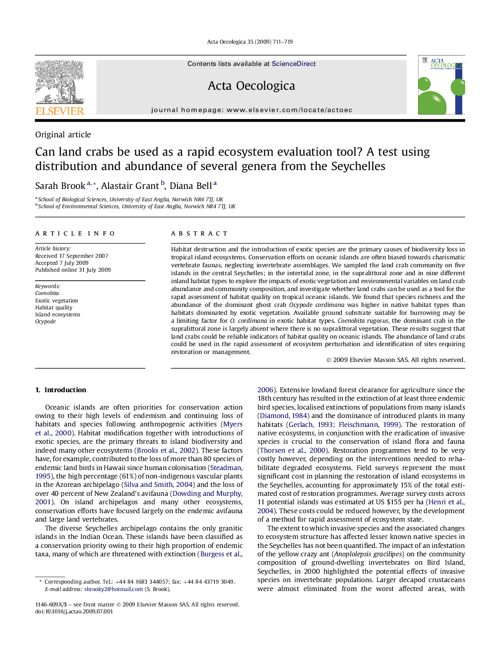 Can land crabs be used as a rapid ecosystem evaluation tool? A test using distribution and abundance of several genera from the Seychelles