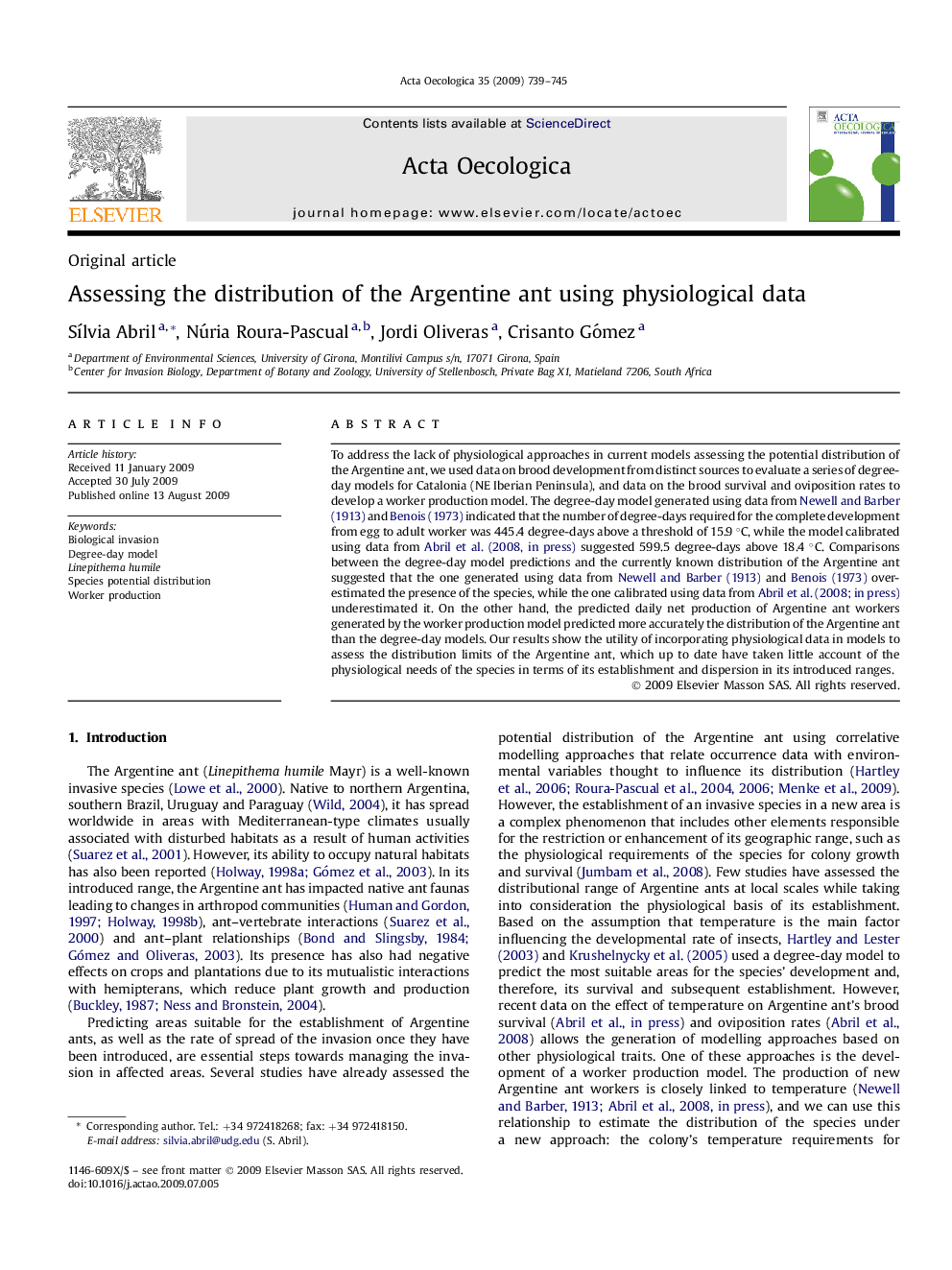 Assessing the distribution of the Argentine ant using physiological data