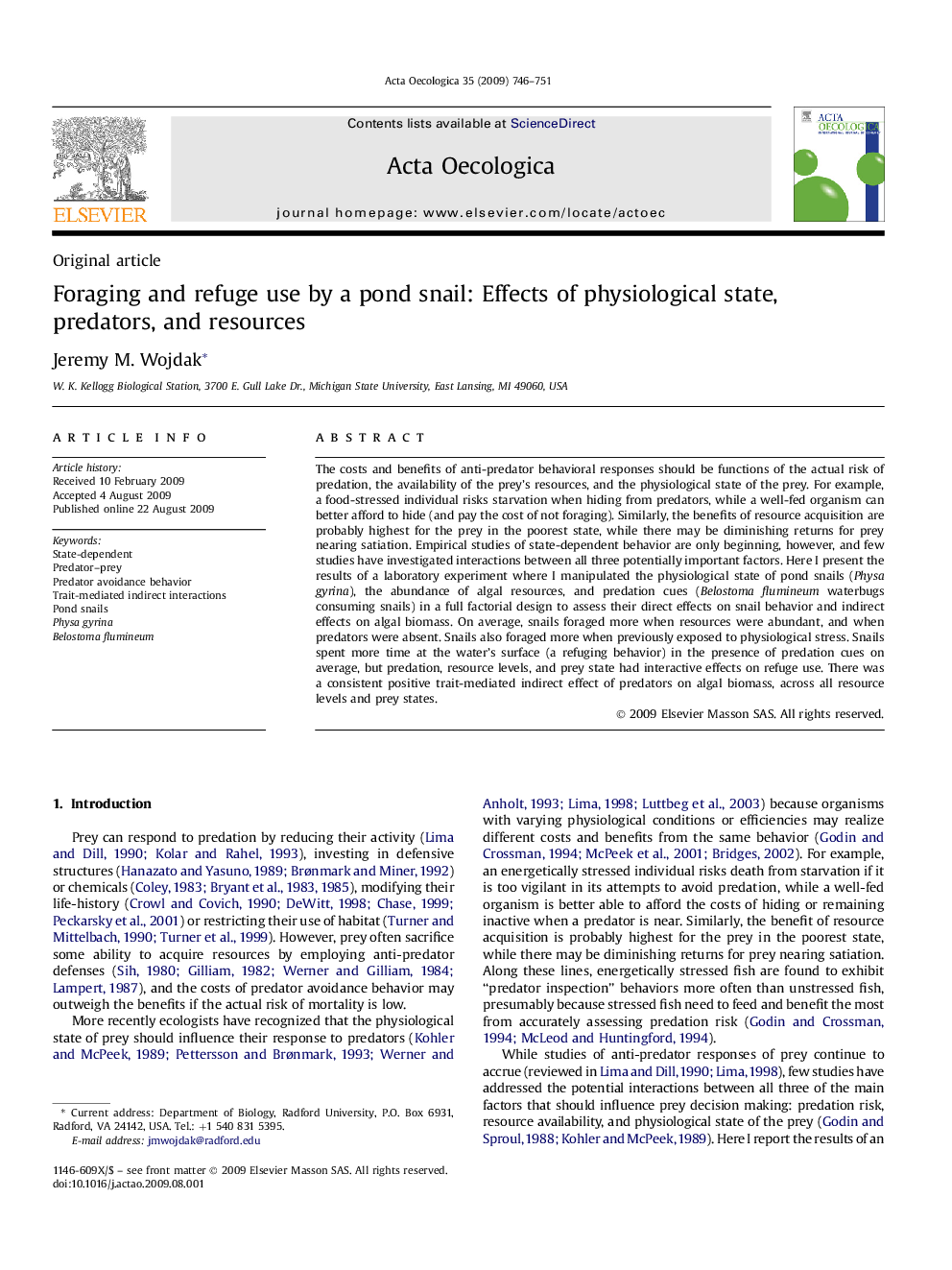 Foraging and refuge use by a pond snail: Effects of physiological state, predators, and resources