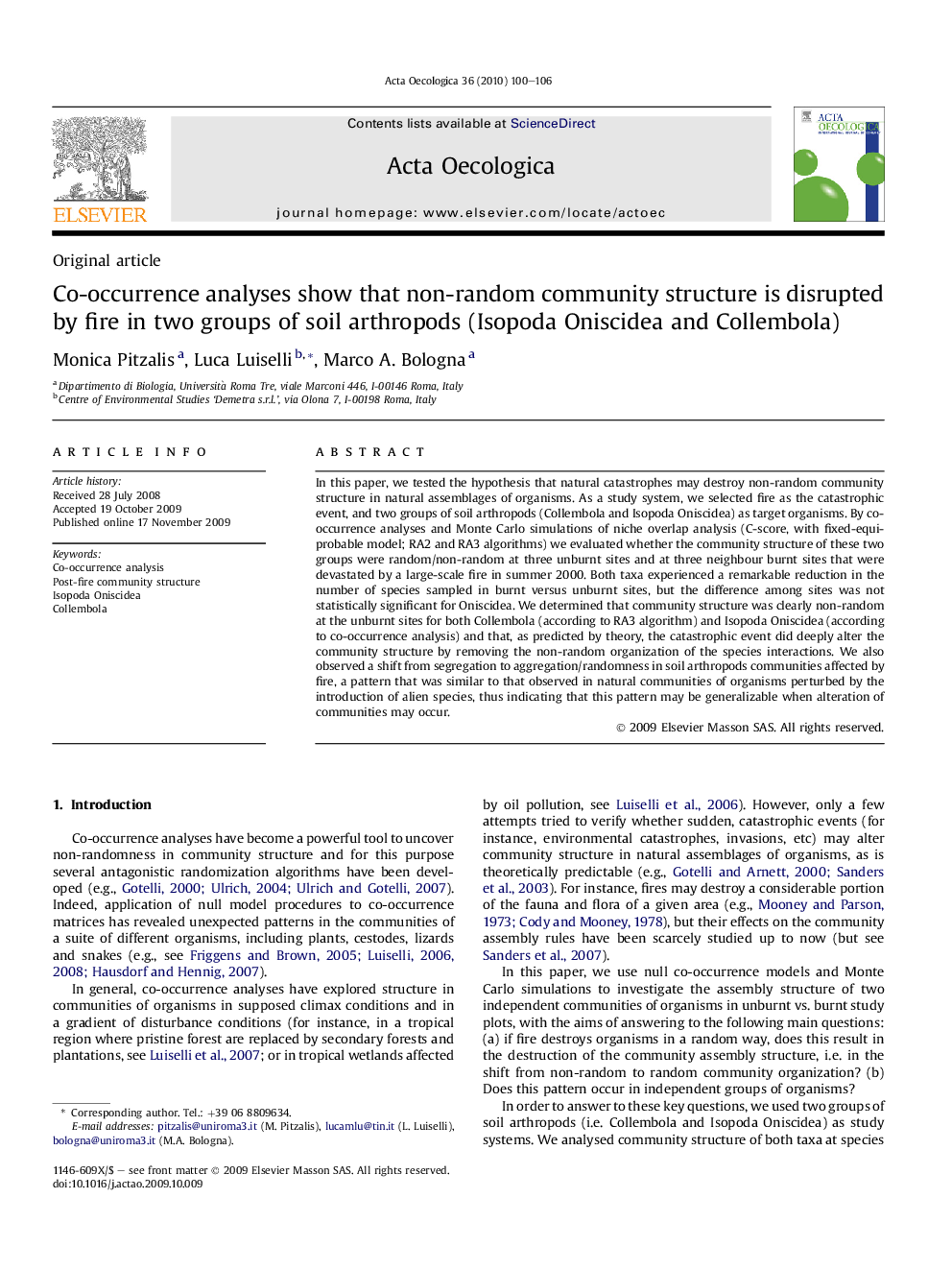 Co-occurrence analyses show that non-random community structure is disrupted by fire in two groups of soil arthropods (Isopoda Oniscidea and Collembola)