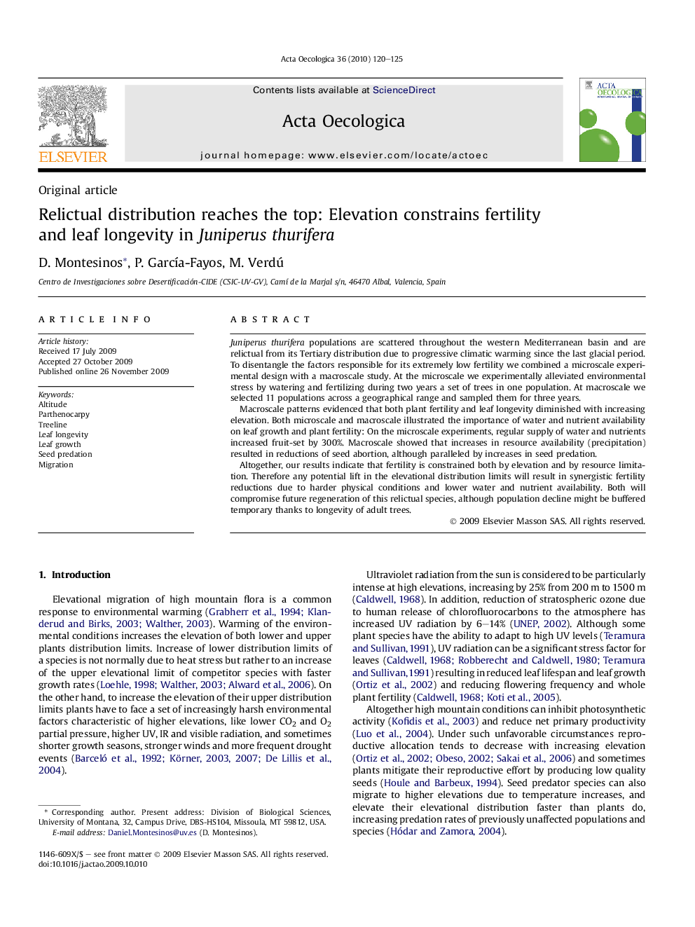 Relictual distribution reaches the top: Elevation constrains fertility and leaf longevity in Juniperus thurifera